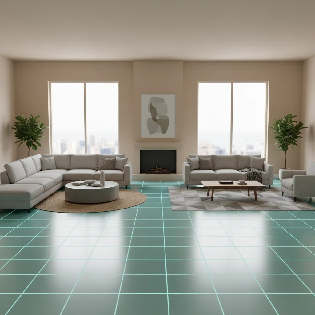 3D interior planning scene comparing different furniture sizes inside a living room