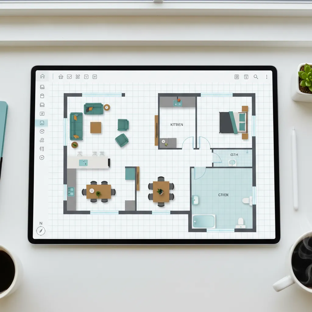 Tablet showing a digital 2D room layout with kitchen bedroom living area and bathroom furniture symbols