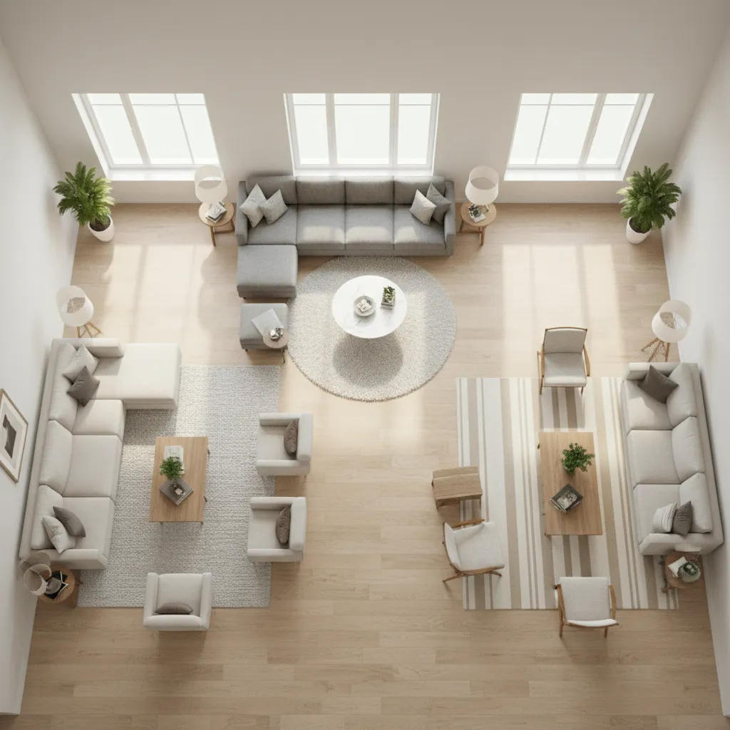 3D room layout experiment with different furniture arrangements