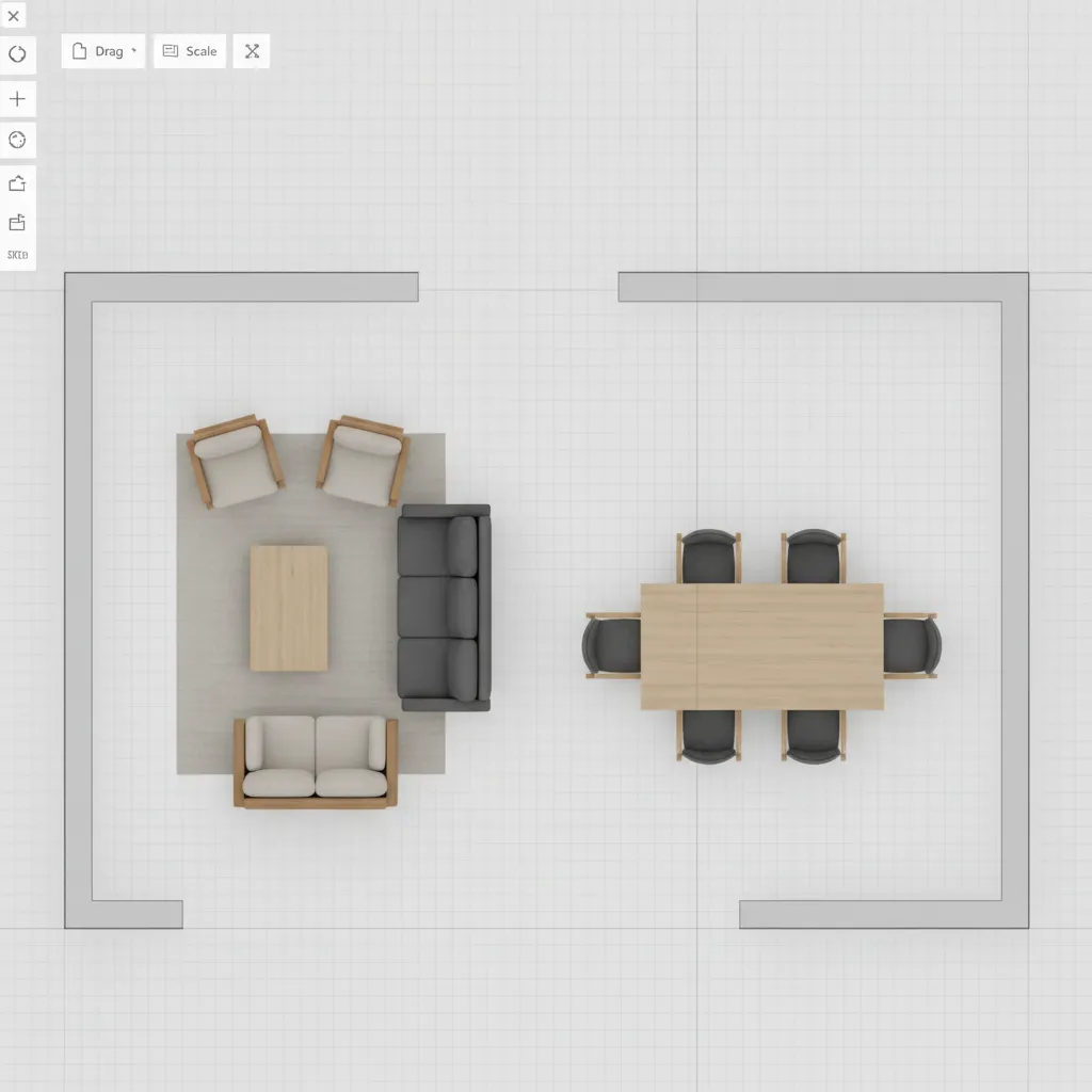 Top down floor plan created with a digital room layout planner showing furniture placement