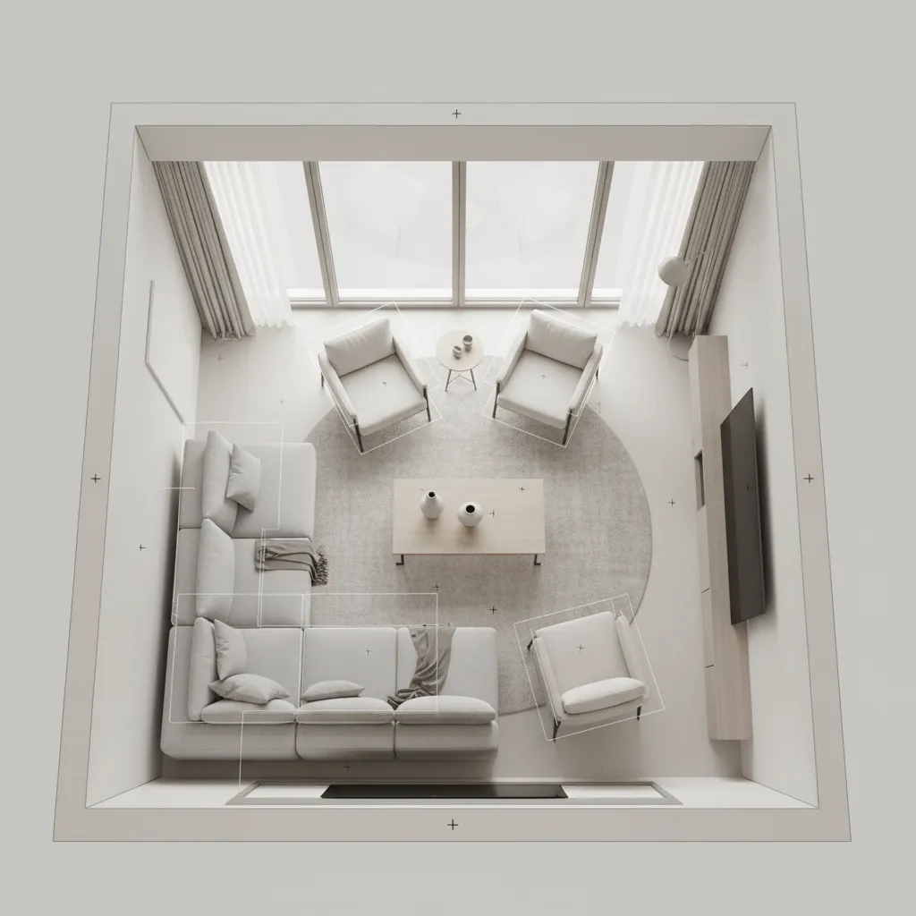 3D digital room layout with furniture placement created from a scanned room