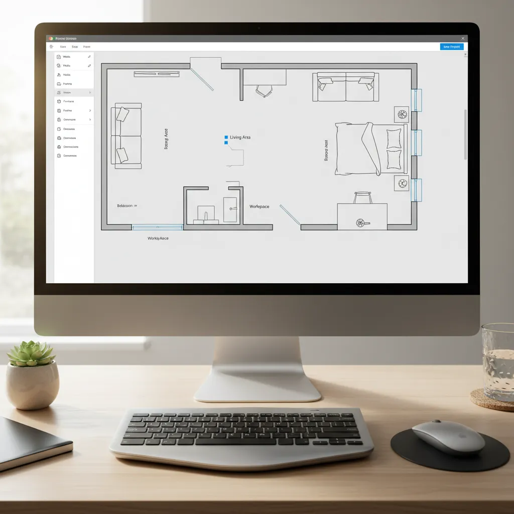Digital room planner interface showing scaled furniture inside a small apartment floor plan