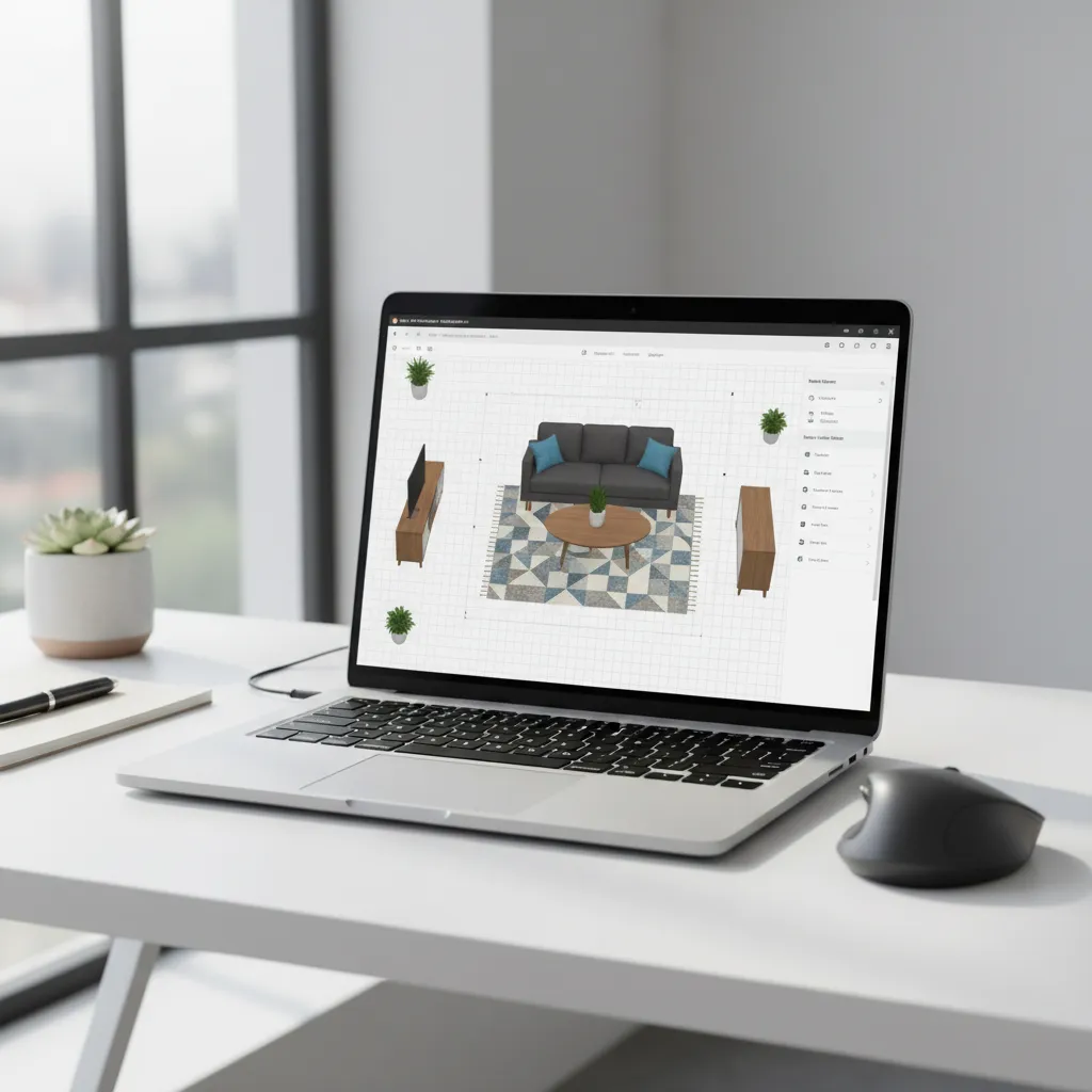 Laptop displaying a room layout planner with furniture placed on a digital floor plan