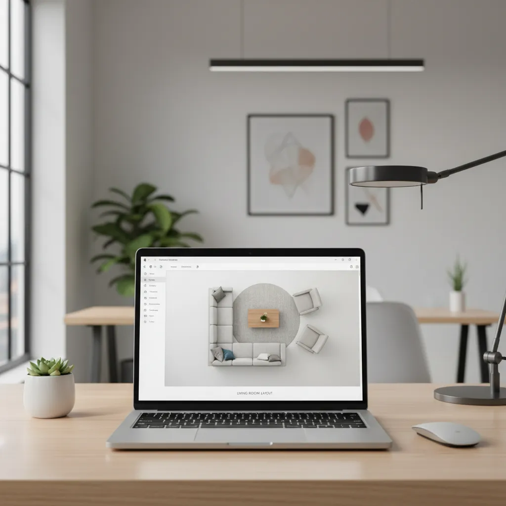 Laptop displaying a room layout planner app with a living room floor plan