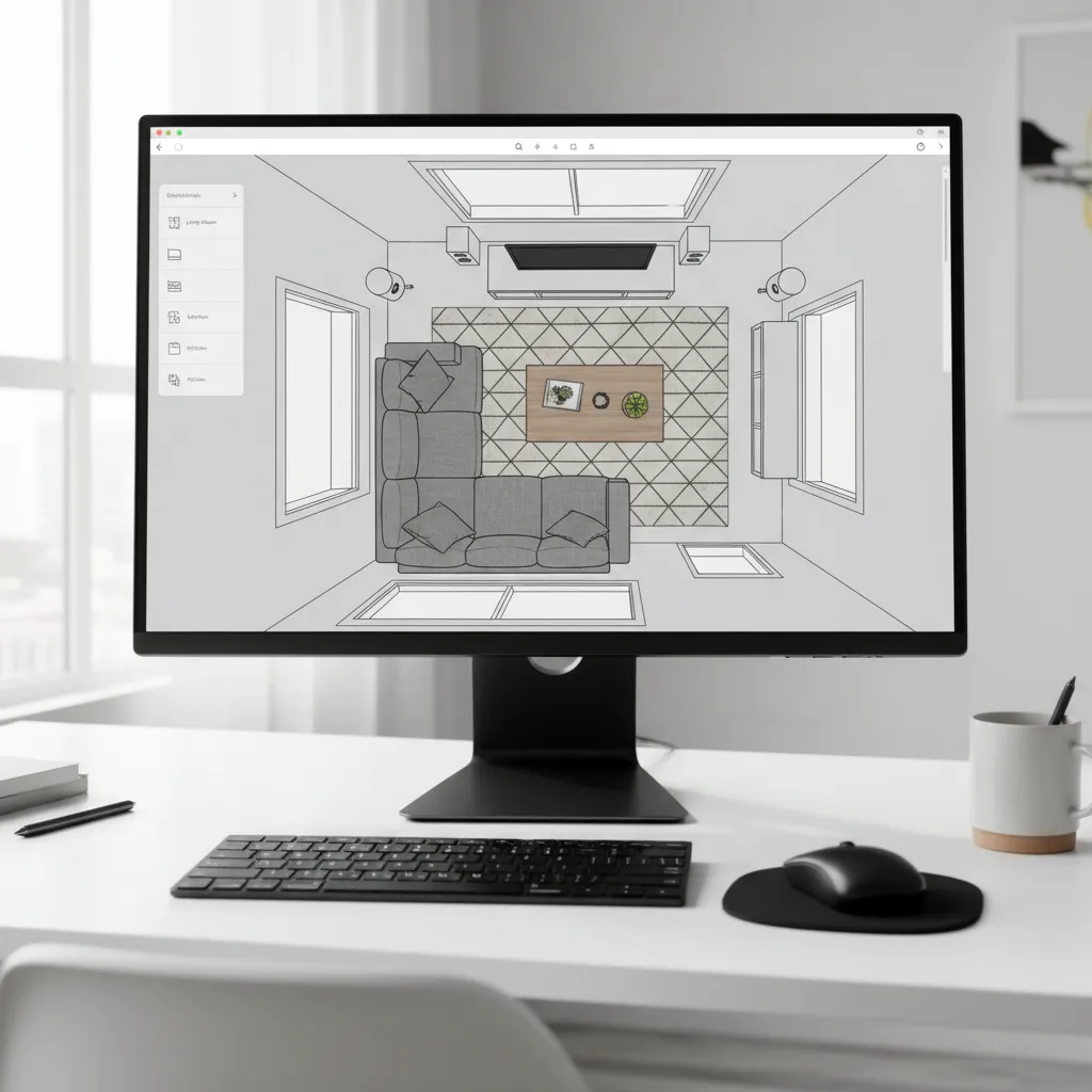 Digital room floor planner interface showing furniture placement on a 2D layout