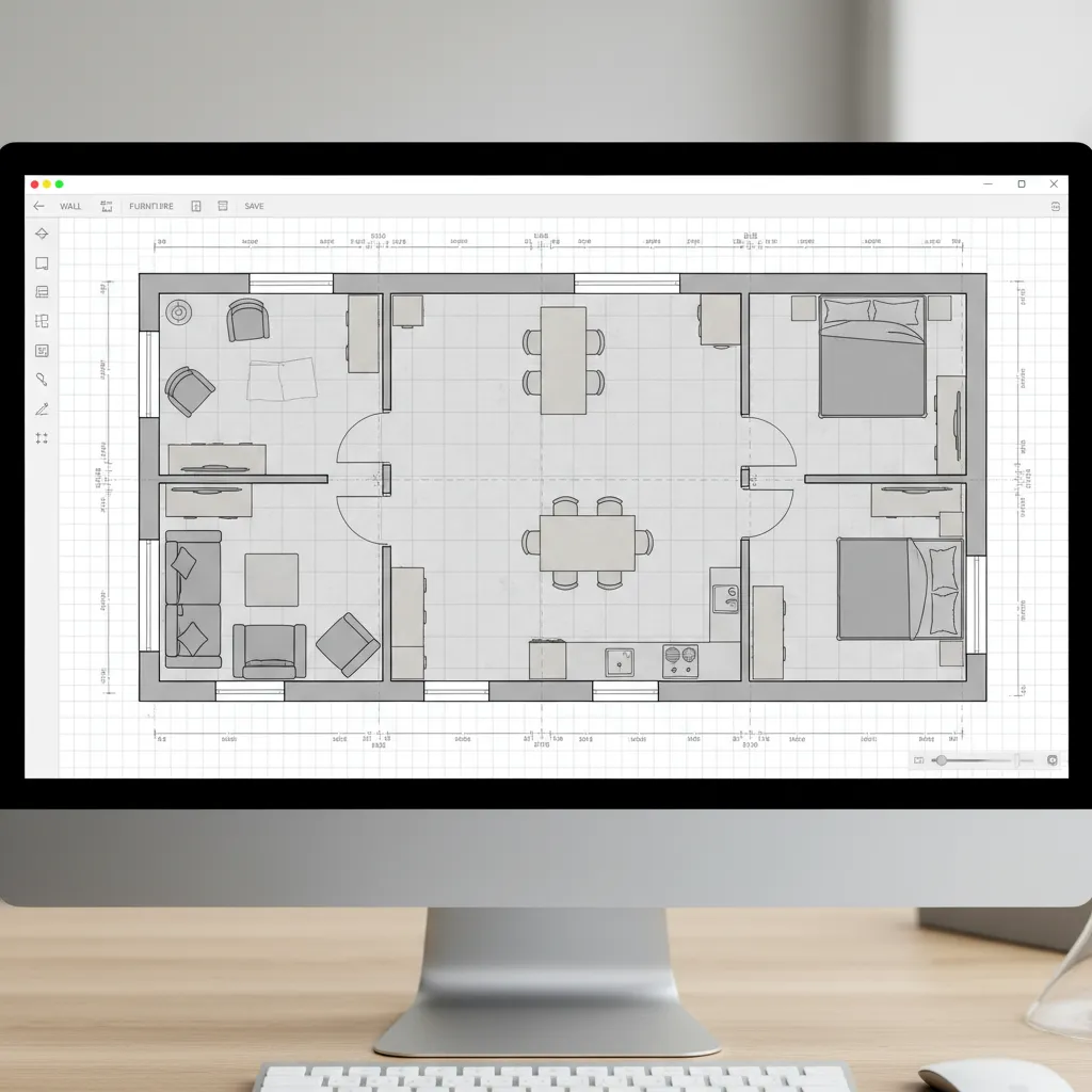 Digital room layout planner interface showing a scaled apartment floor plan with furniture placement