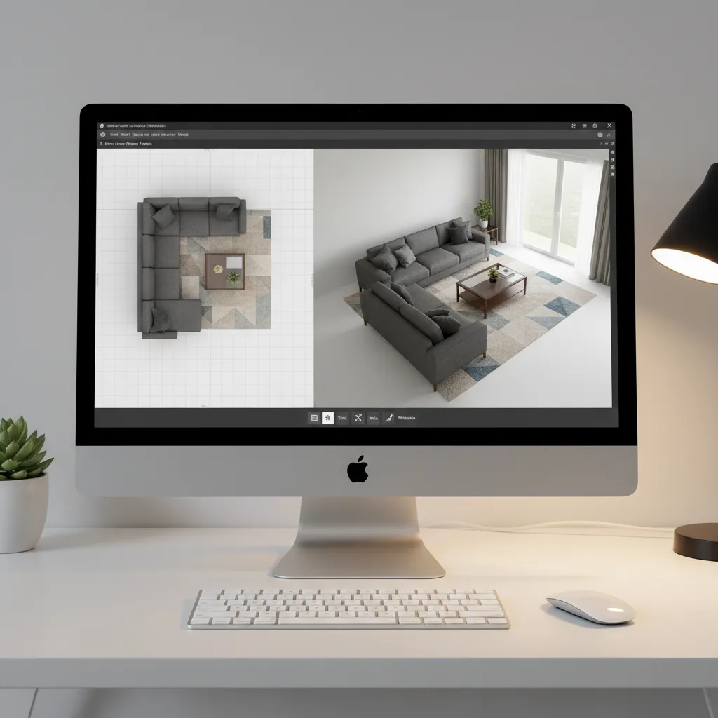Computer screen showing a 3D room planner with furniture layout in a living room