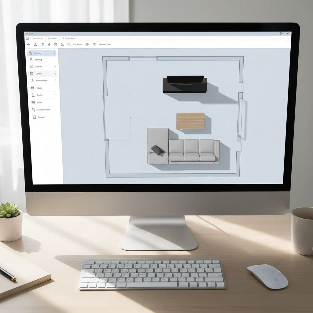 Coohom room layout planner on computer screen showing living room with sofa table and cabinet