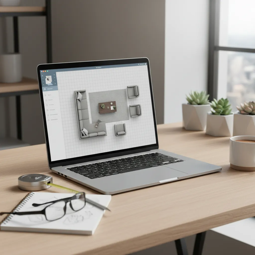 Laptop on wooden desk showing a digital room layout design with sofa chairs and table