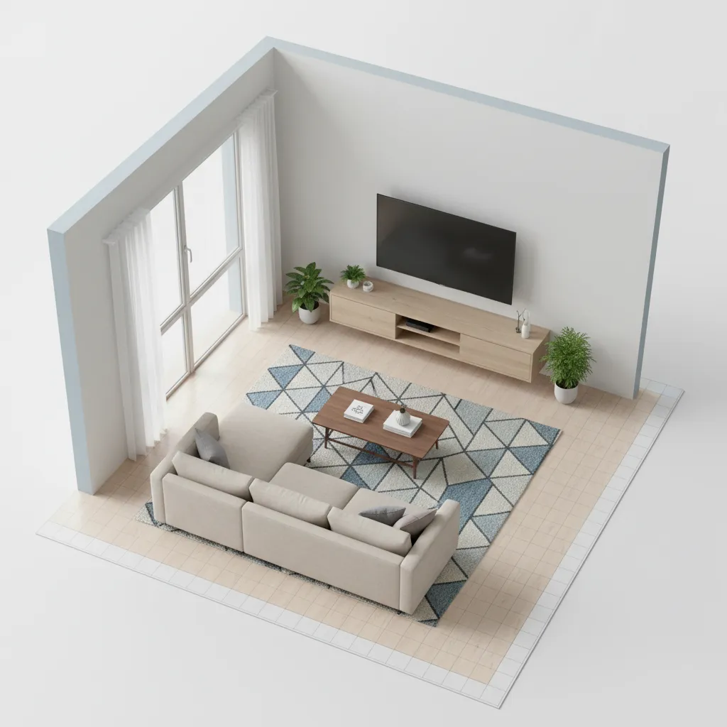digital room layout planner showing a living room furniture arrangement in 3D view