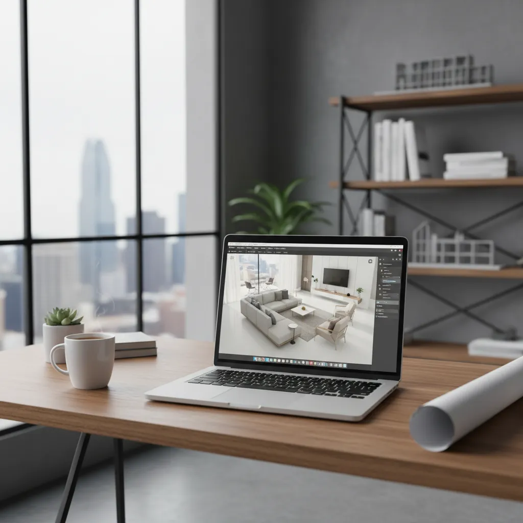 designer using digital room layout planner software to arrange furniture