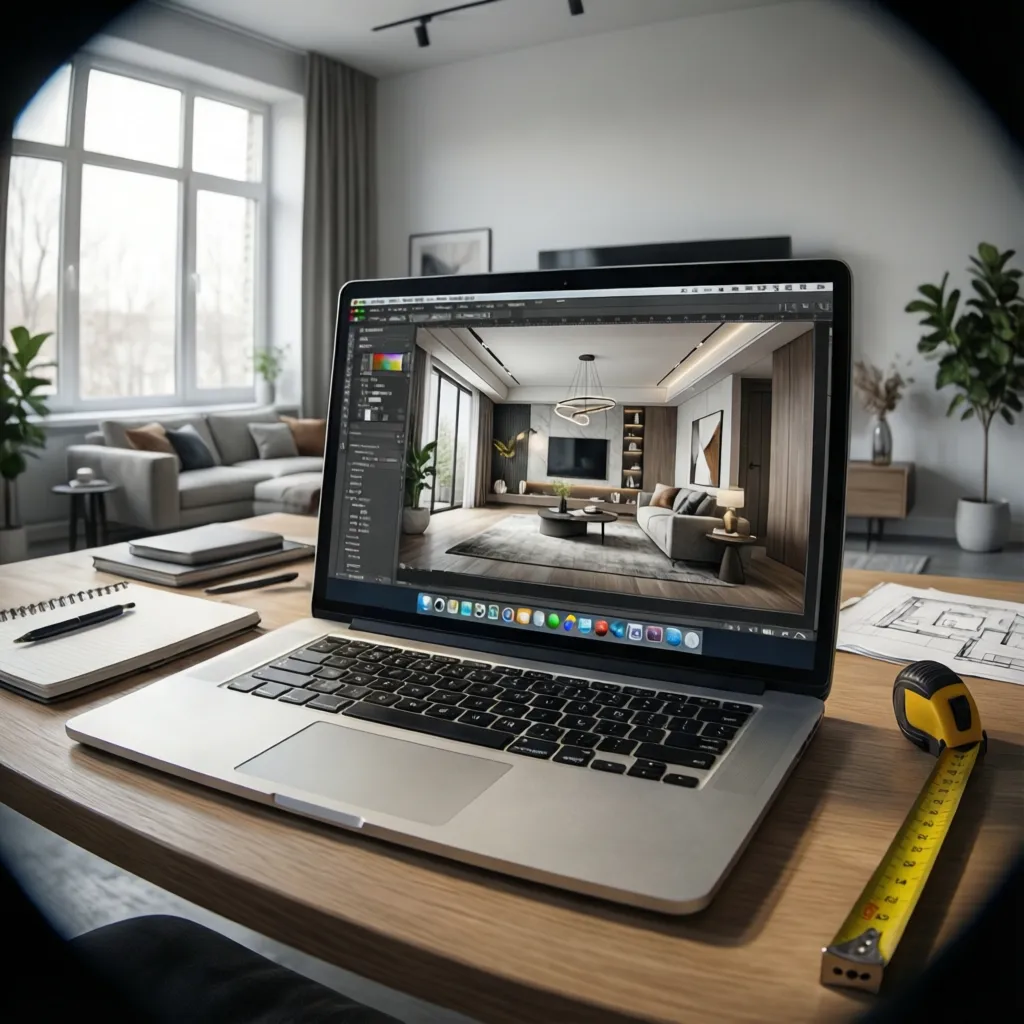 Interior designer planning a living room layout using a digital room design application