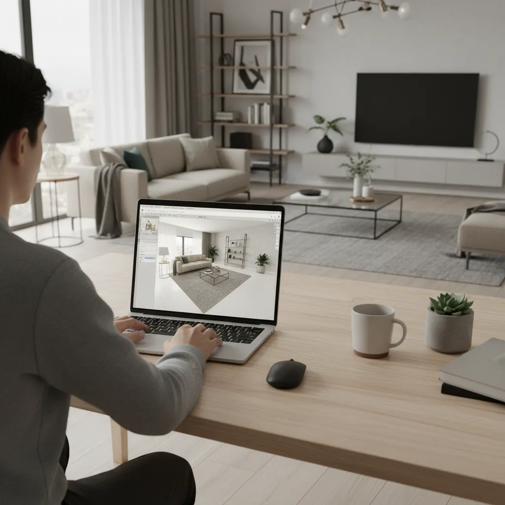 Designer using Coohom website to create interior design drawing of a modern grey living room