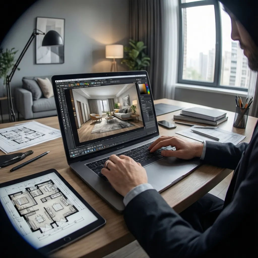 Diseñador utilizando software para planificar la distribución de una habitación