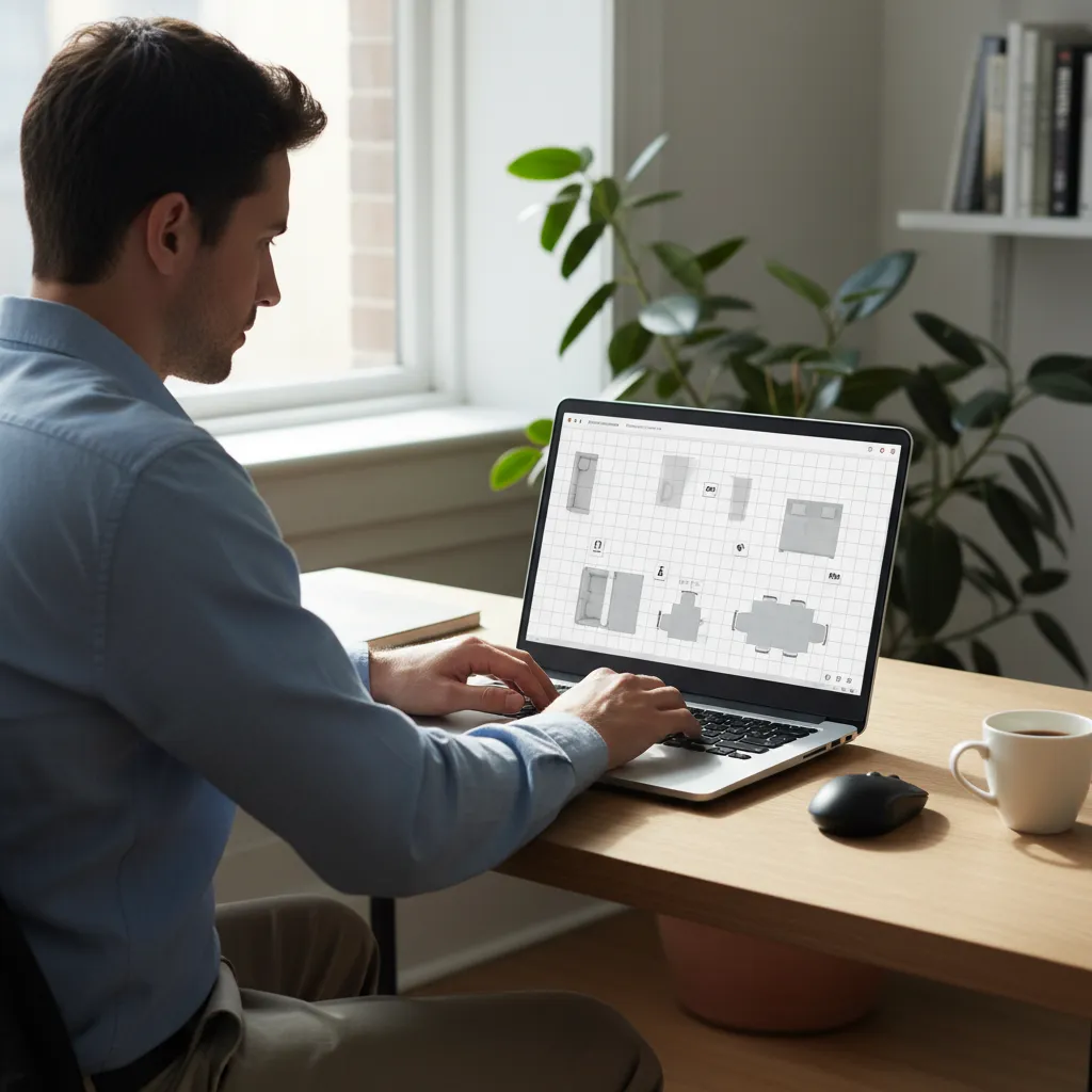 Man using laptop to create digital room layout with furniture on a wooden office desk