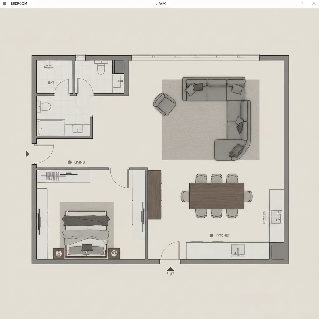 Plano digital con muebles colocados para planificar la distribución de una habitación