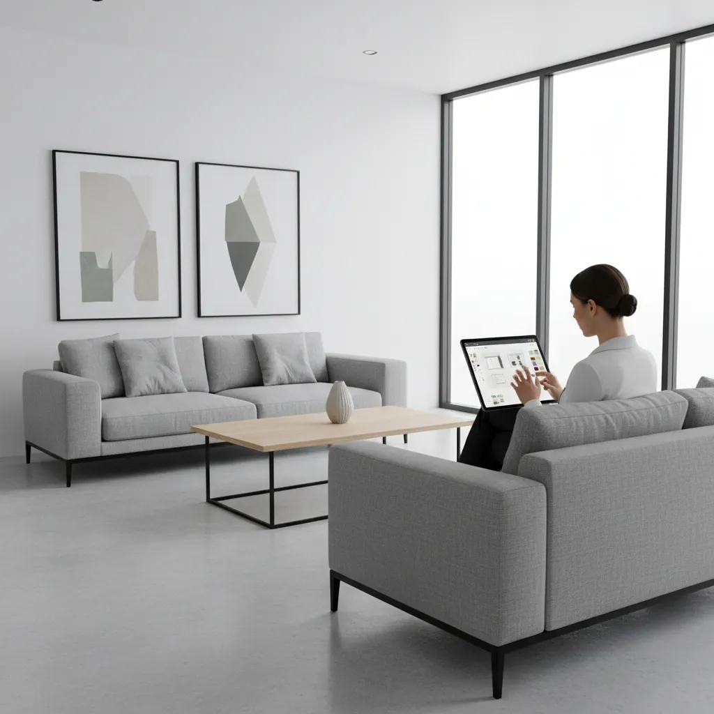 Interior designer planning living room layout with a tablet room planner app