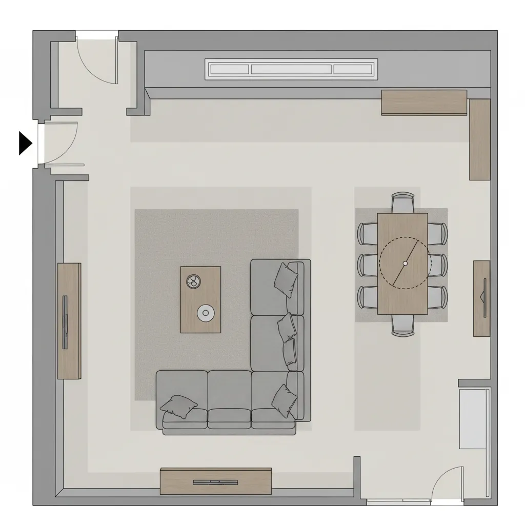 2D floor plan with furniture placement and circulation space