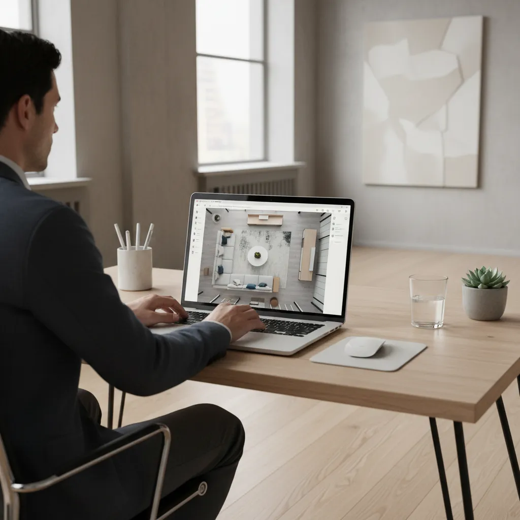 Interior designer creating a living room layout using an online room planning tool
