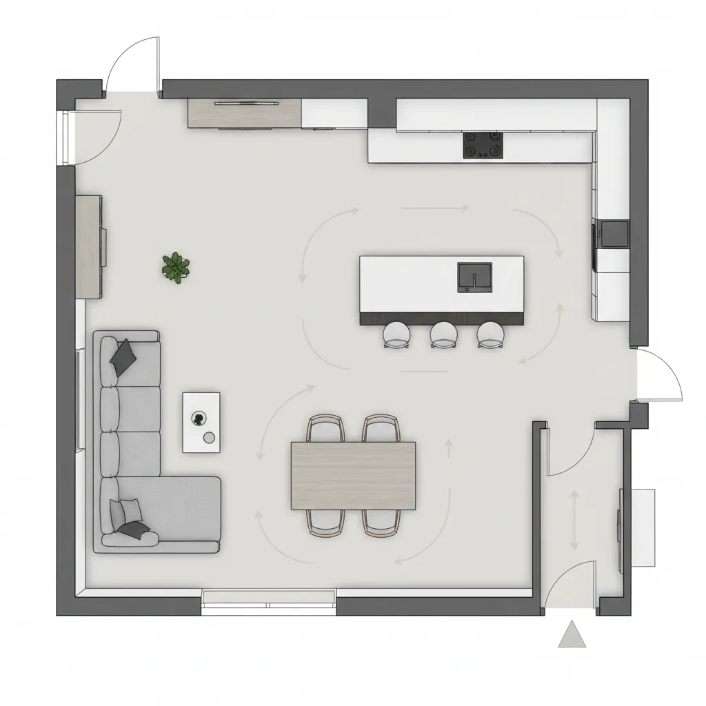 Digital floor plan showing furniture spacing and traffic flow