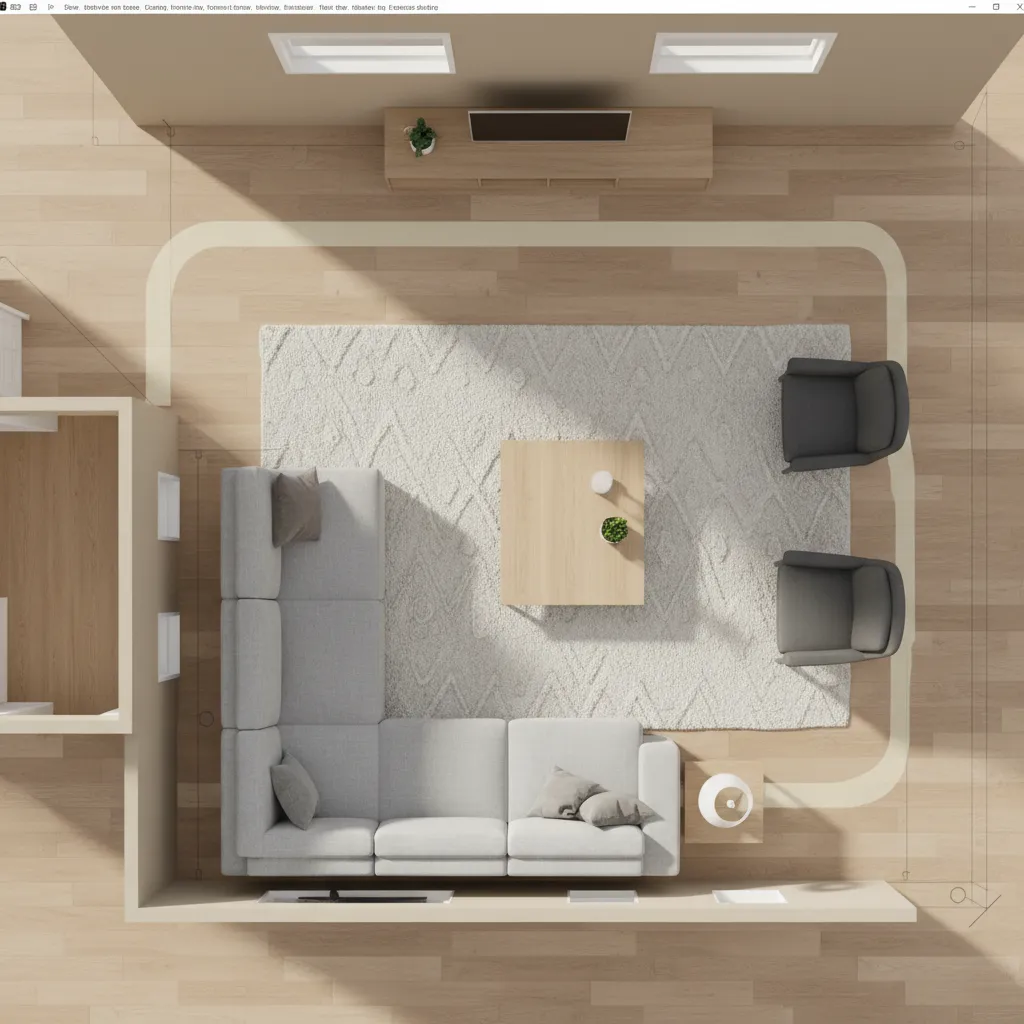 3D digital floor plan showing furniture layout and walking paths in living room design