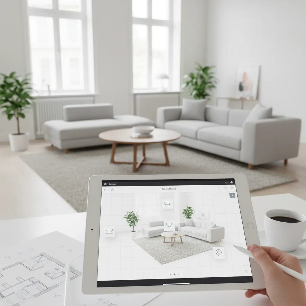 Digital tablet showing a room layout app with furniture arranged in a living room floor plan