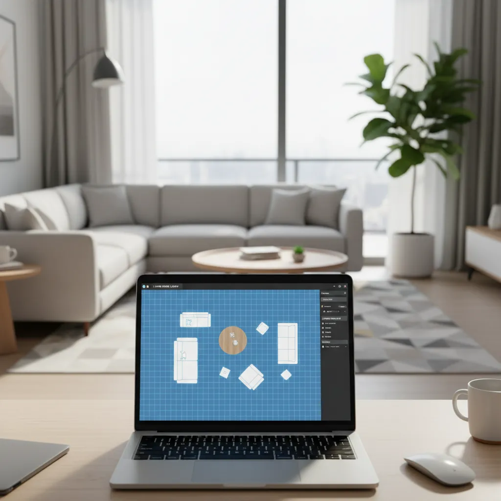 Laptop displaying digital room layout planner with furniture placement grid