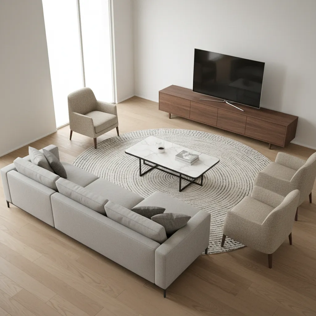 top perspective interior layout planning showing furniture placement in a living room