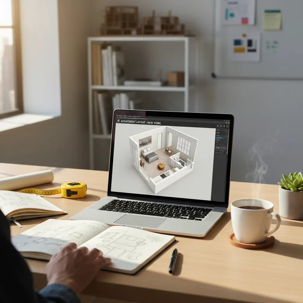 Designer planning a room layout on laptop using home design software