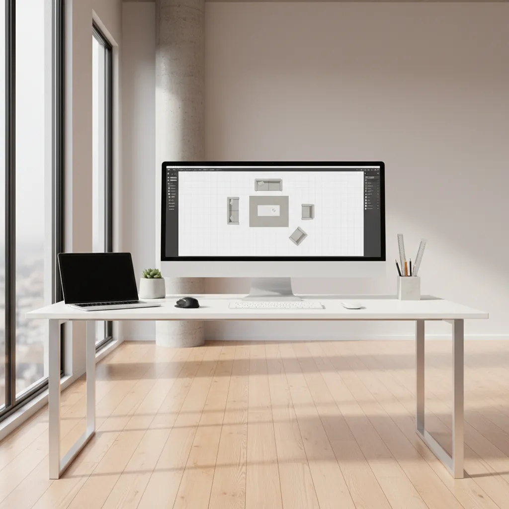 designer planning living room furniture layout on computer