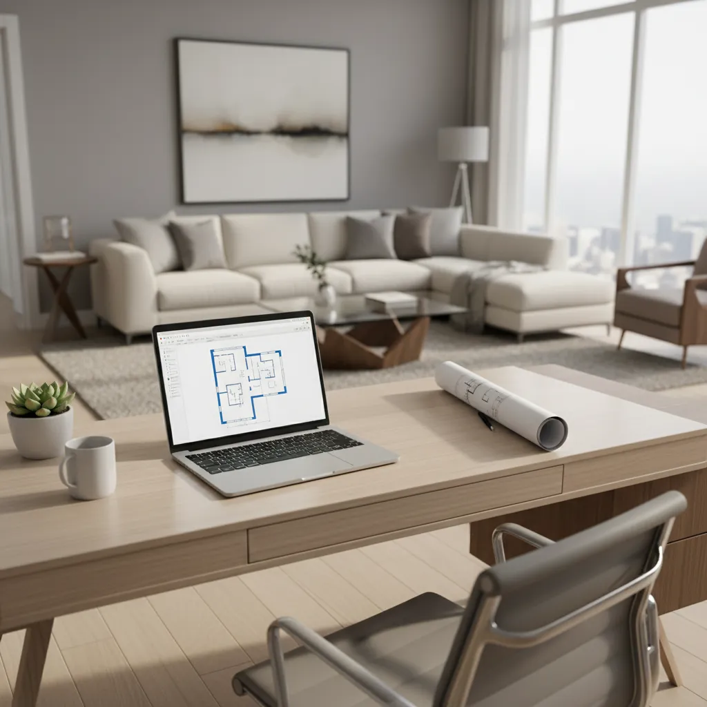 Interior designer planning a living room layout on a laptop using a digital floor plan tool
