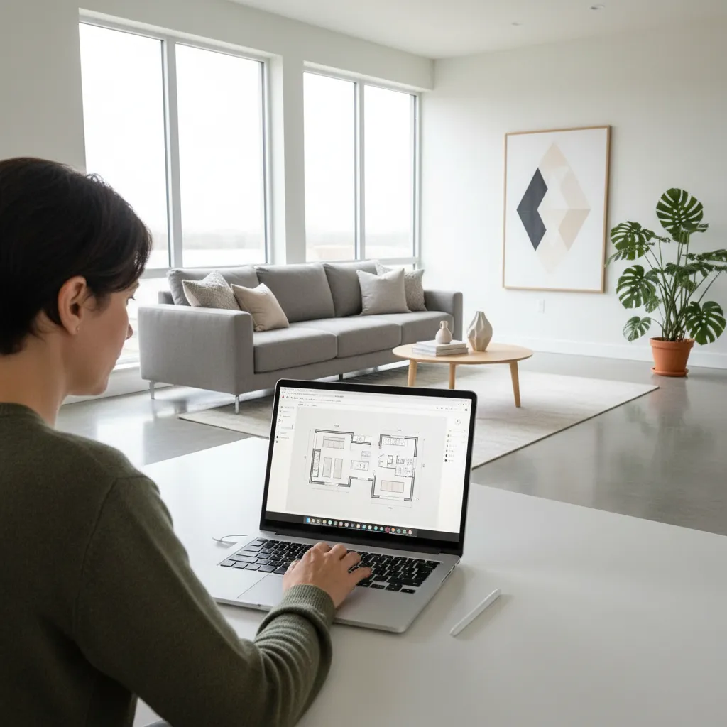 designer planning living room layout using an online room planner on laptop