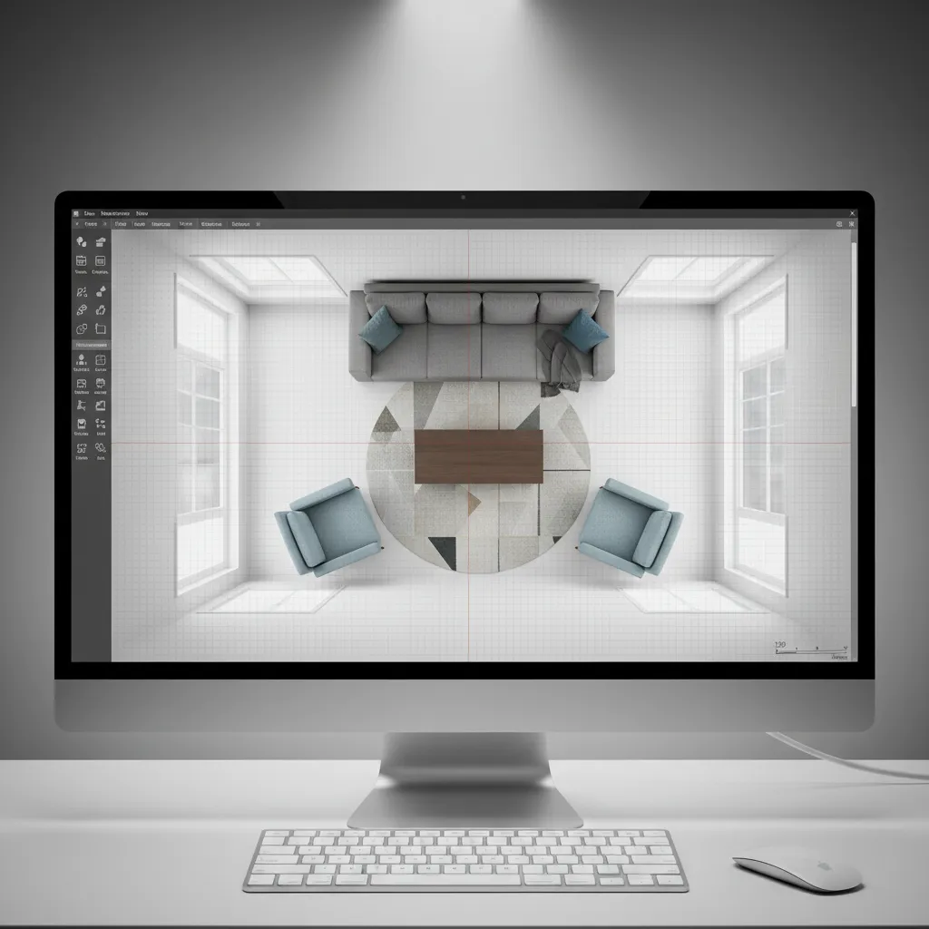 Digital room planning interface showing furniture arrangement in a living room floor plan