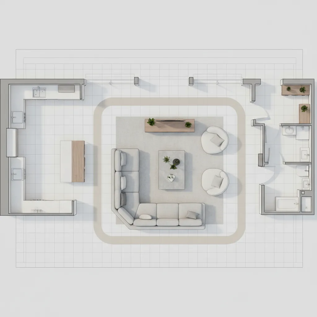 digital room zoning layout showing furniture arrangement in a floor plan tool