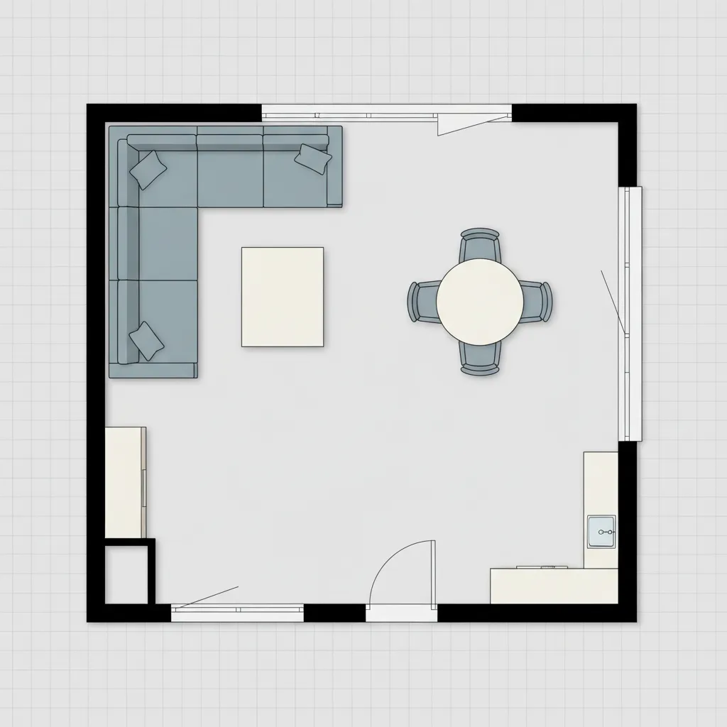 Top view digital floor plan showing furniture placement and walking paths