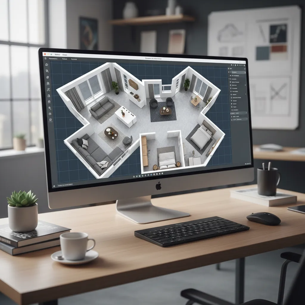 Pantalla de ordenador mostrando software de planificación de habitaciones en 3D