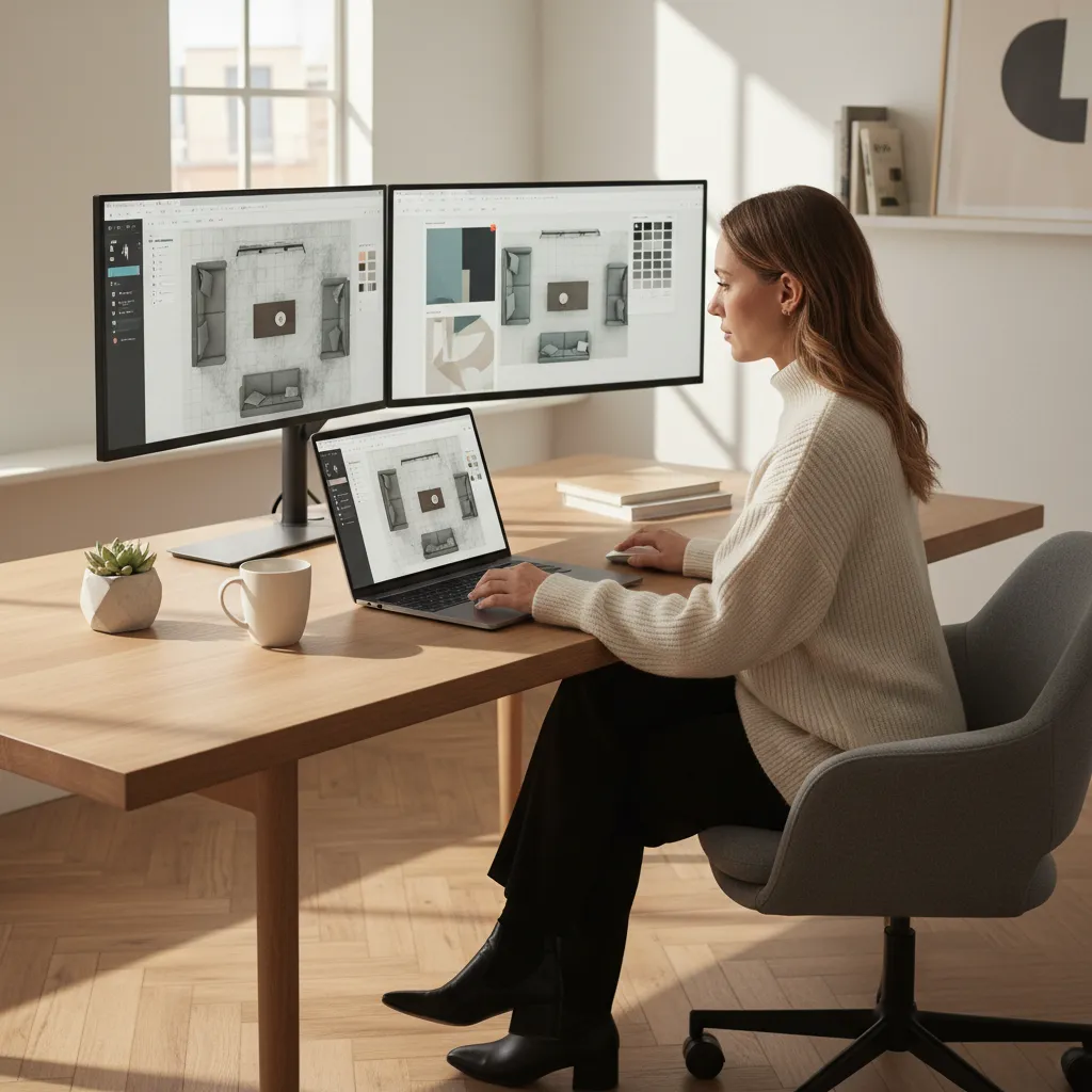 Designer using digital room planning software to test furniture layout