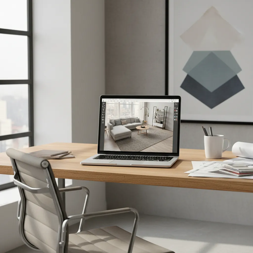 Interior designer arranging furniture layout using digital room planner