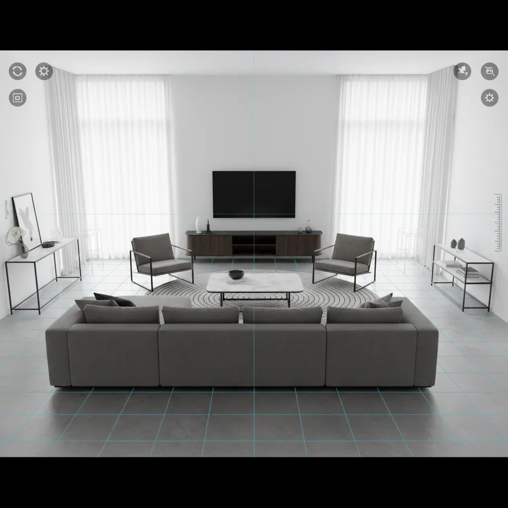 digital room planner interface showing sofa placement and walking paths in a living room layout