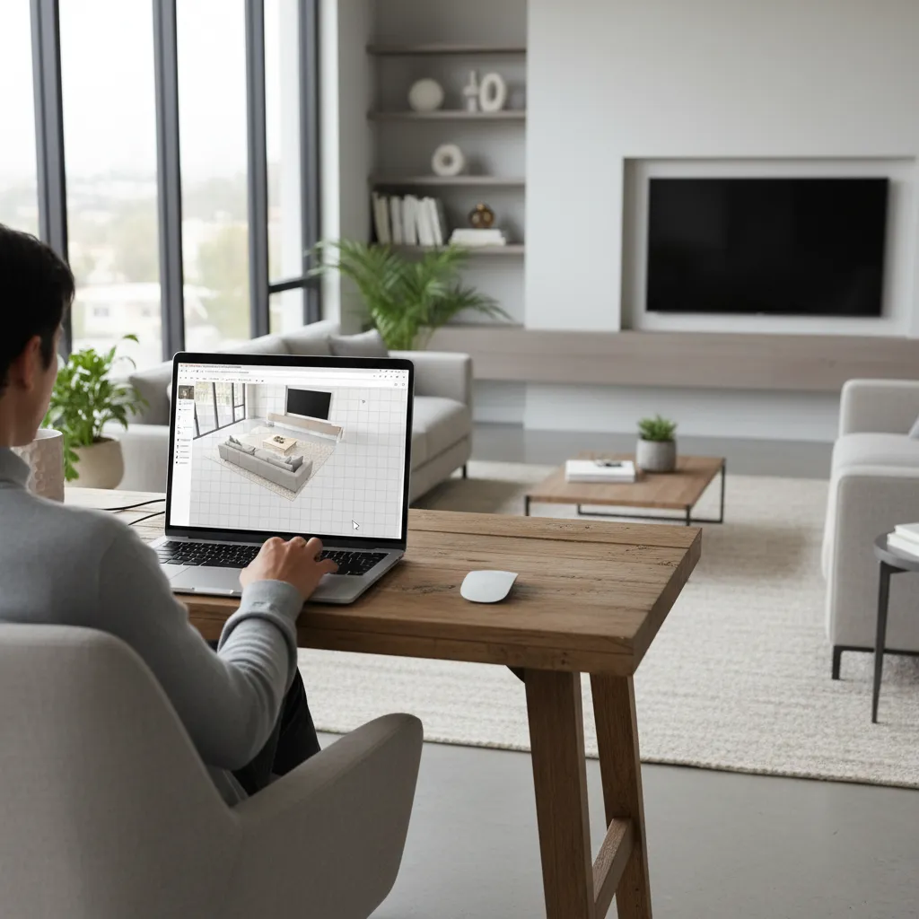 Persona usando un planificador digital para diseñar una habitación en casa