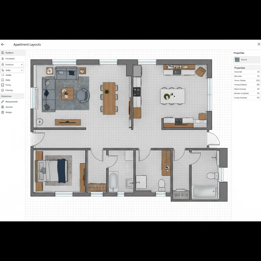 Herramienta digital de planificación de habitaciones con muebles moviéndose en plano