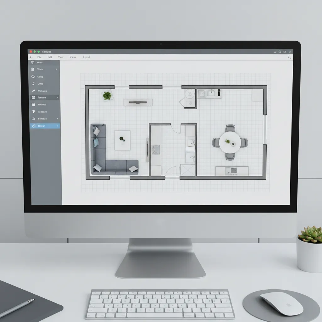 Example interface of a room layout planner showing furniture placement and room dimensions