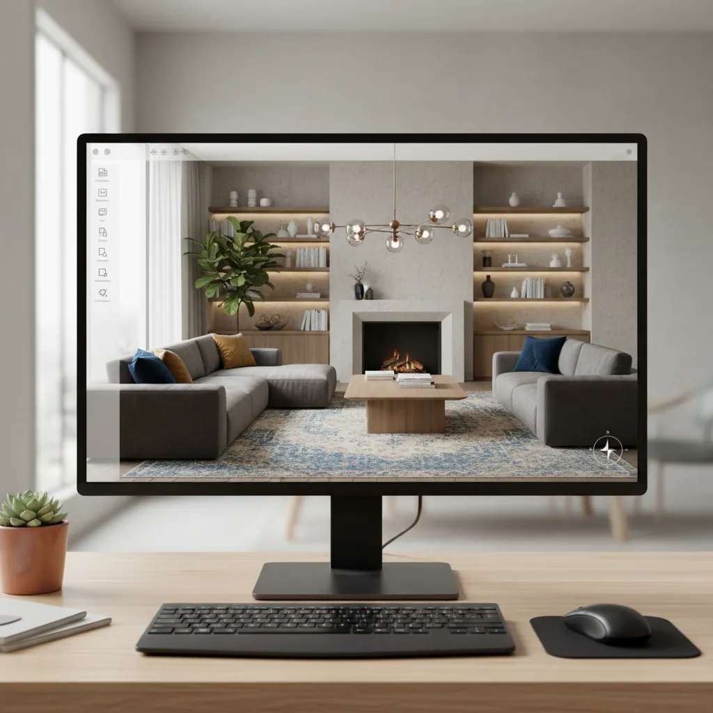 computer screen showing 3D room planner with furniture layout and materials