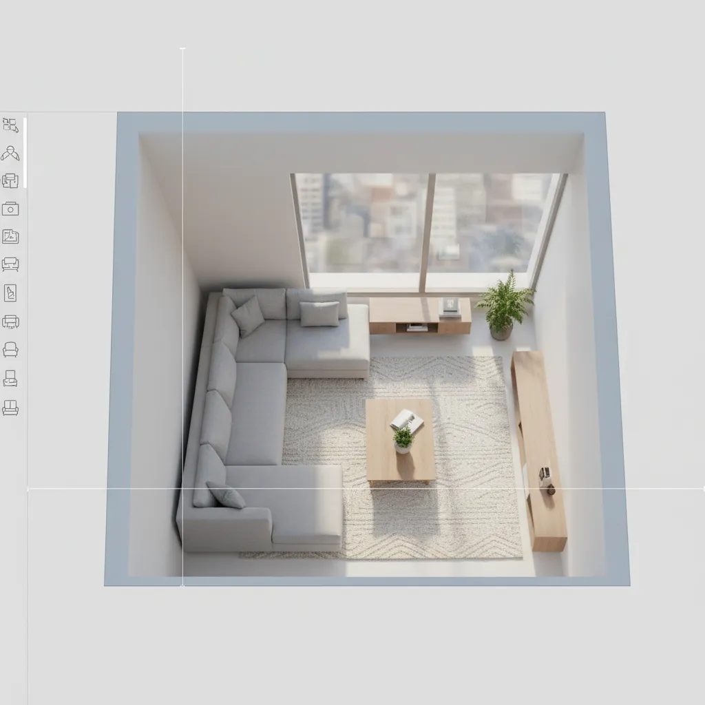 3D digital living room layout created using a free online interior design planner