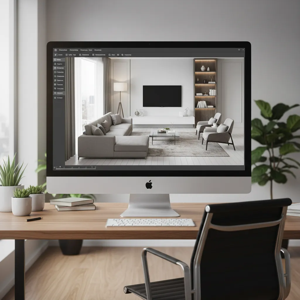 Digital room planner interface showing living room layout with sofa and TV placement