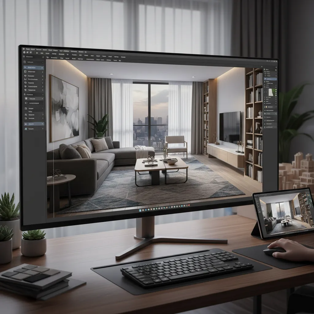 Visualización digital de diseño de interior moderno en un piso