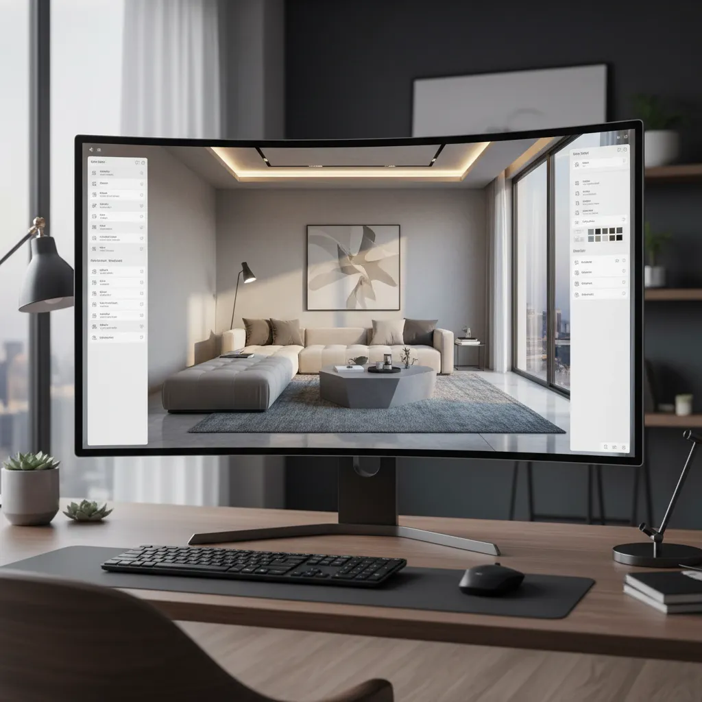 Software de diseño mostrando una habitación en perspectiva frontal