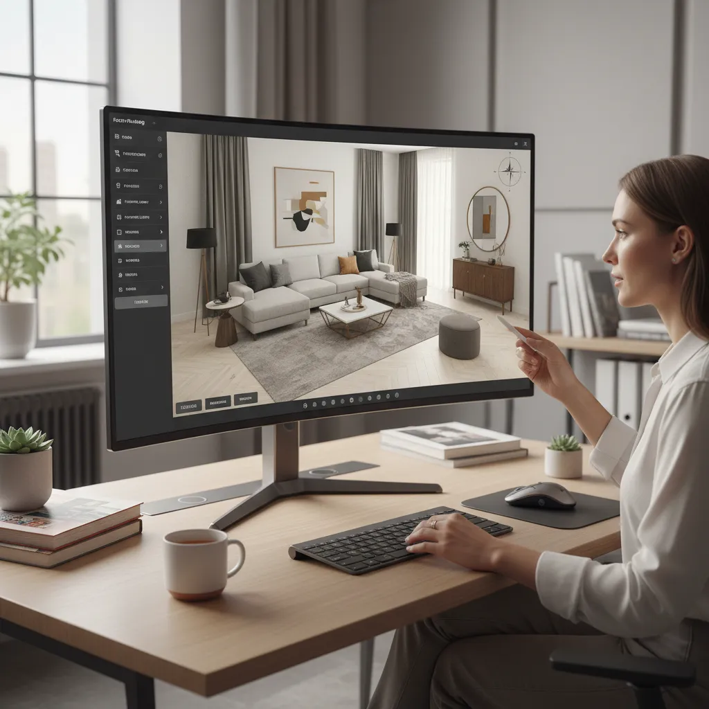 Diseñador utilizando software de planificación de interiores en ordenador