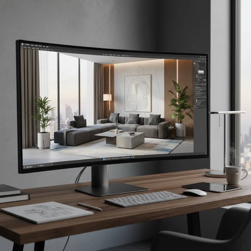 Large curved monitor displaying Coohom software with a modern living room interior design drawing view