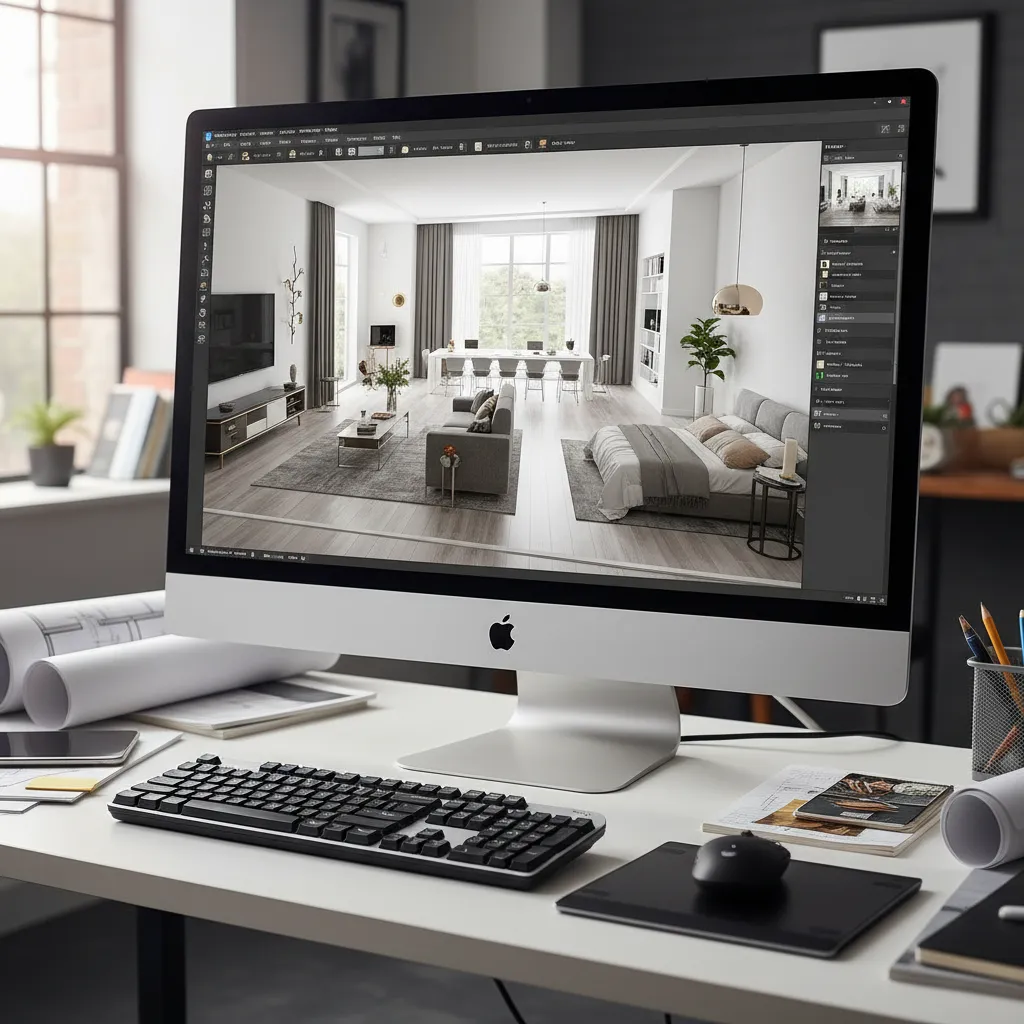 Computer screen showing interior design software with a modern living room and bedroom layout design
